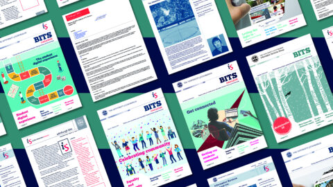 A collage of the covers of various editions and design iterations of the University of Edinburgh’s BITs magazine and Edinburgh BITs newsletter. Each cover features the University Edinburgh and Information Services branding, with distinct visual elements for each issue.